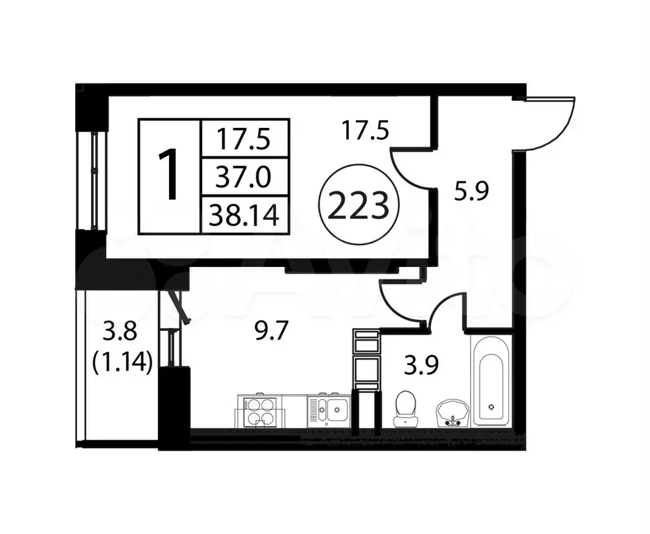 1-к. квартира, 38,1 м, 2/12 эт. - Фото 0