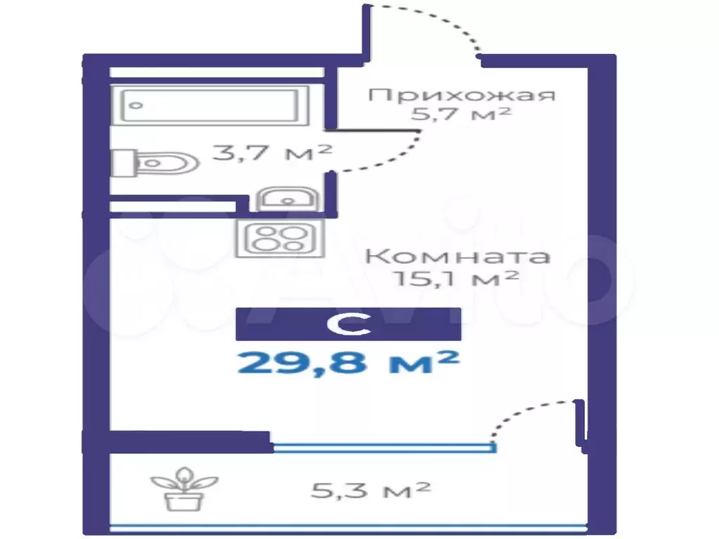 Квартира-студия, 29,8 м, 10/15 эт. - Фото 1
