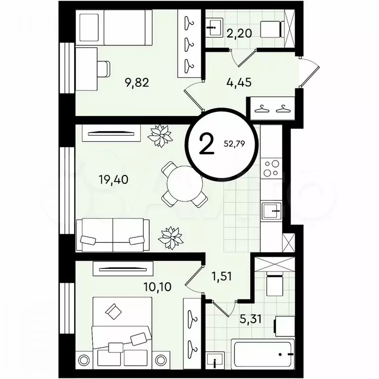 2-к. квартира, 52,8 м, 4/4 эт. - Фото 0