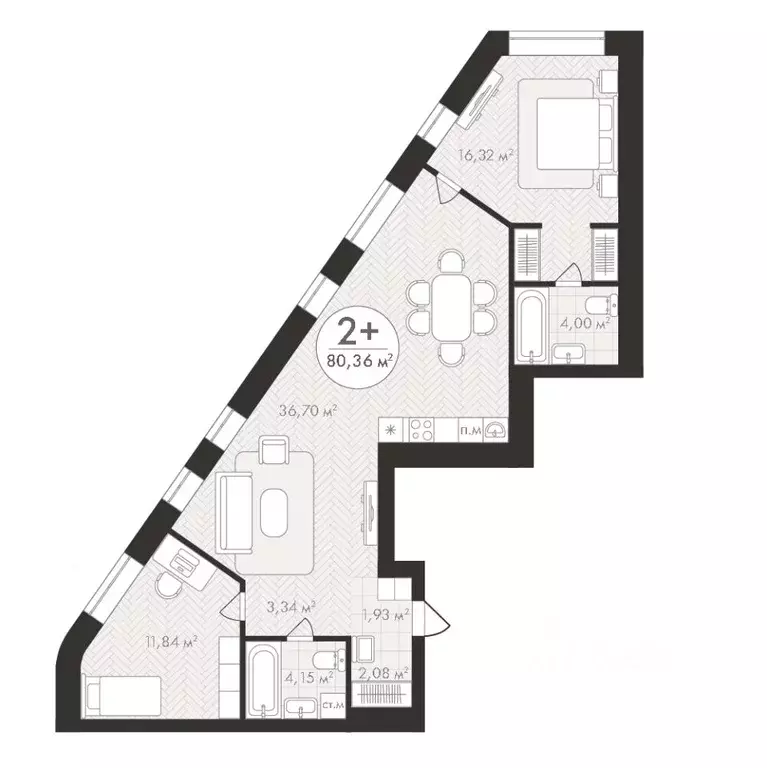 2-к кв. Башкортостан, Уфа Южный-2 мкр,  (80.36 м) - Фото 1