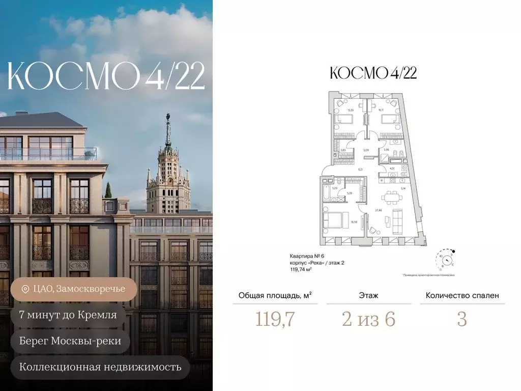 3-к кв. Москва Космодамианская наб., 4/22С8 (119.7 м) - Фото 0