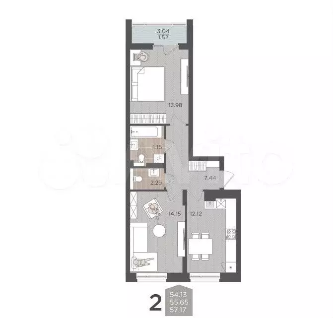 2-к. квартира, 57,2 м, 8/9 эт. - Фото 1