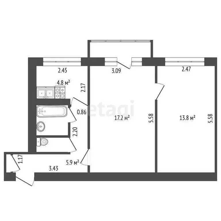 2-комнатная квартира: Гатчина, улица Урицкого, 21 (45.7 м) - Фото 1