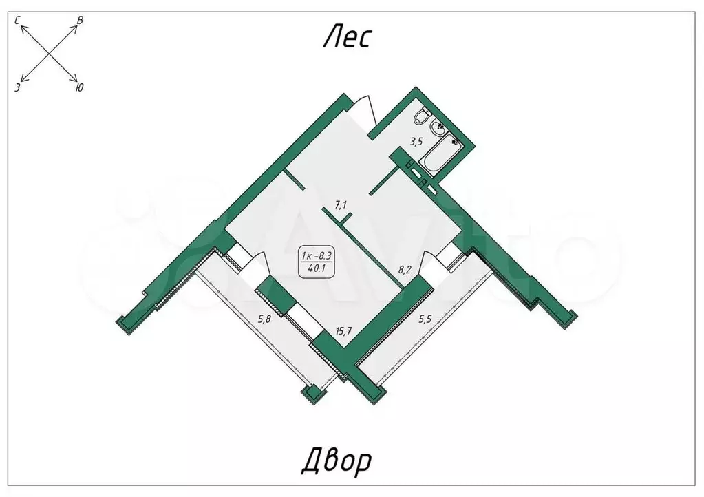 1-к. квартира, 39,8 м, 5/9 эт. - Фото 0