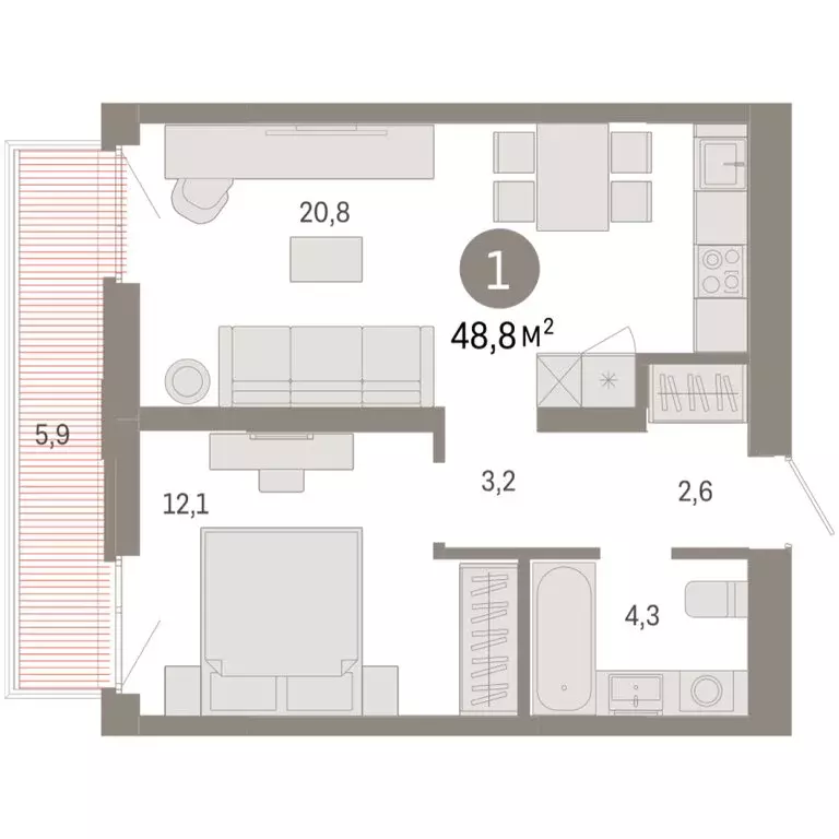 1-комнатная квартира: Тюмень, улица Республики, 205к3 (48.75 м) - Фото 2