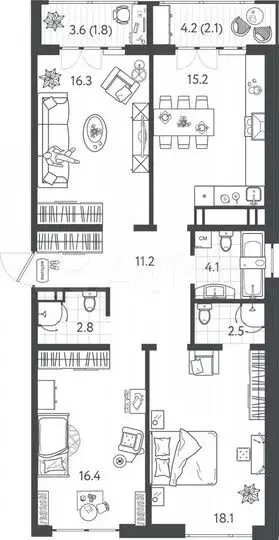 3-к. квартира, 90,5 м, 8/24 эт. - Фото 0