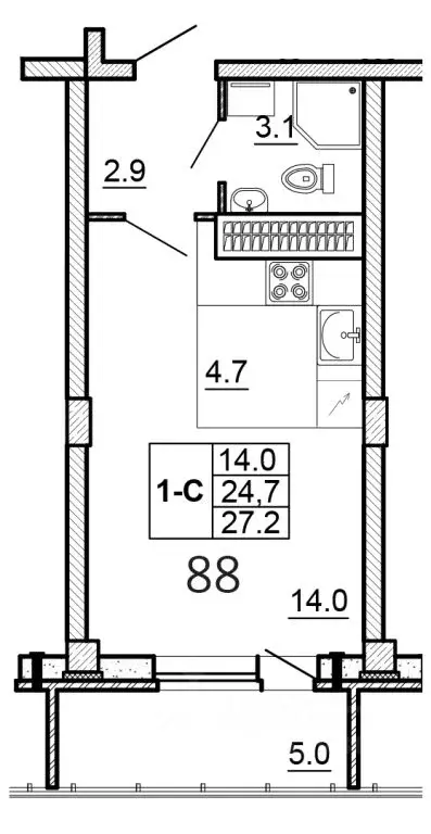 Студия Псковская область, Псков ул. Алексея Алехина, 14 (27.2 м) - Фото 1