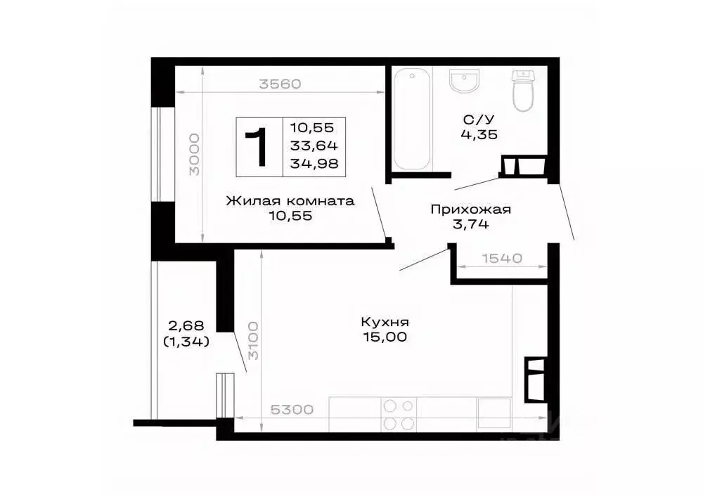 1-к кв. Адыгея, Майкоп ул. Юннатов, 2Е (34.98 м) - Фото 1