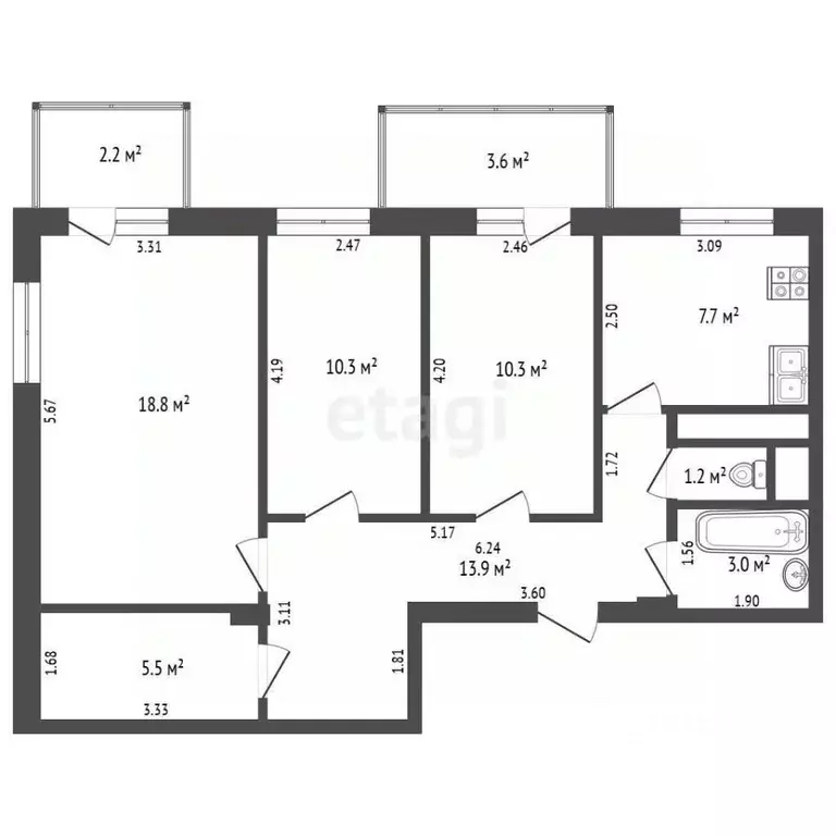 3-к кв. Тюменская область, Тюмень ул. Василия Гольцова, 4 (70.7 м) - Фото 2