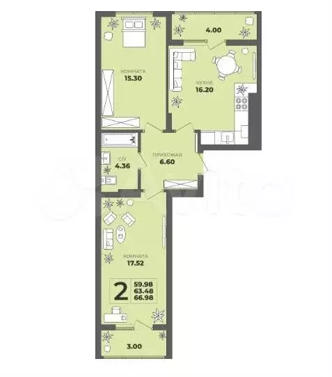 2-к. квартира, 67 м, 2/8 эт. - Фото 1