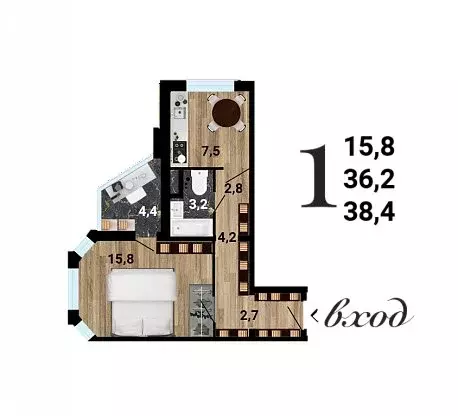 1-комнатная квартира: Воронеж, ЖК 8 Элемент (38.94 м) - Фото 1