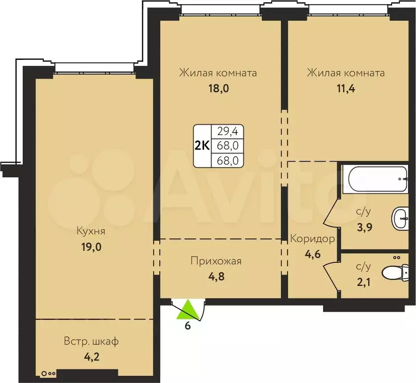 2-к. квартира, 68 м, 4/10 эт. - Фото 0