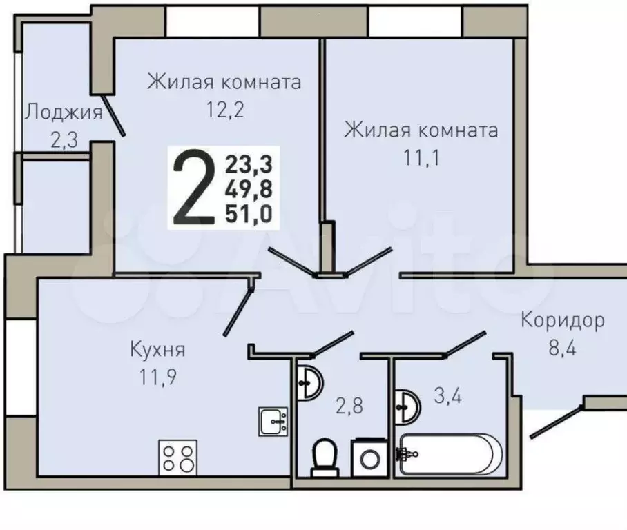 2-к. квартира, 51,5 м, 1/9 эт. - Фото 0