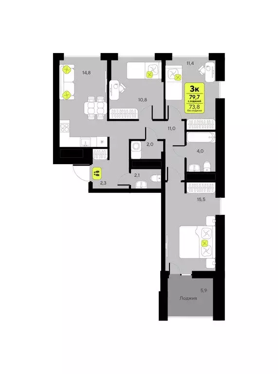 3-комнатная квартира: Тюмень, улица Андрея Приказнова, 1 (79.7 м) - Фото 1