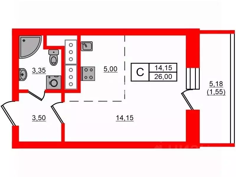 Студия Санкт-Петербург просп. Энергетиков, 11к2 (26.0 м) - Фото 1