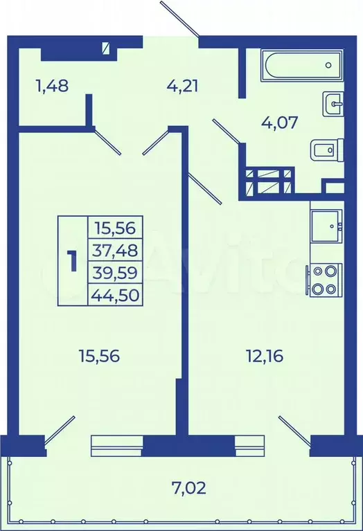 1-к. квартира, 44,5 м, 7/10 эт. - Фото 0