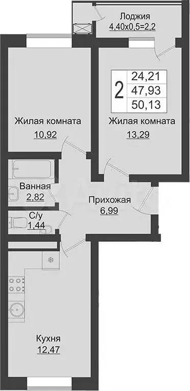 2-к. квартира, 50,1 м, 12/16 эт. - Фото 1