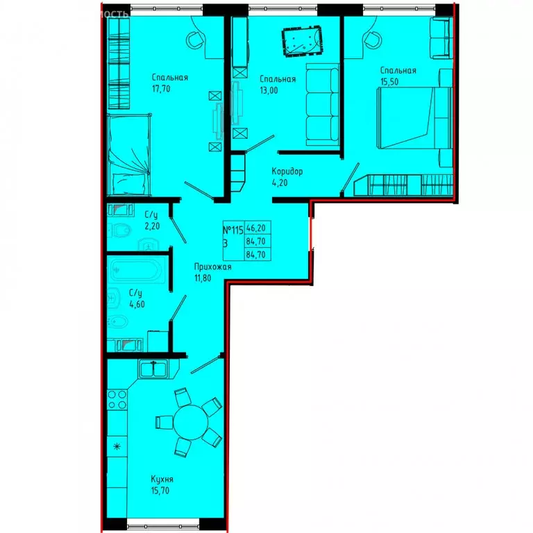 3-комнатная квартира: Коммунар, Железнодорожная улица, 41к1 (84.7 м) - Фото 1
