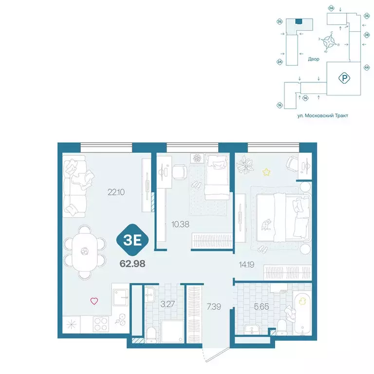 3-комнатная квартира: Тюмень, жилой комплекс Сибирский (62.98 м) - Фото 1
