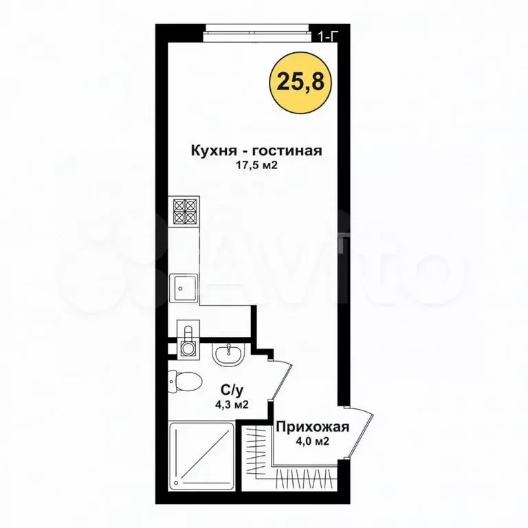 Квартира-студия, 25,8 м, 2/4 эт. - Фото 0