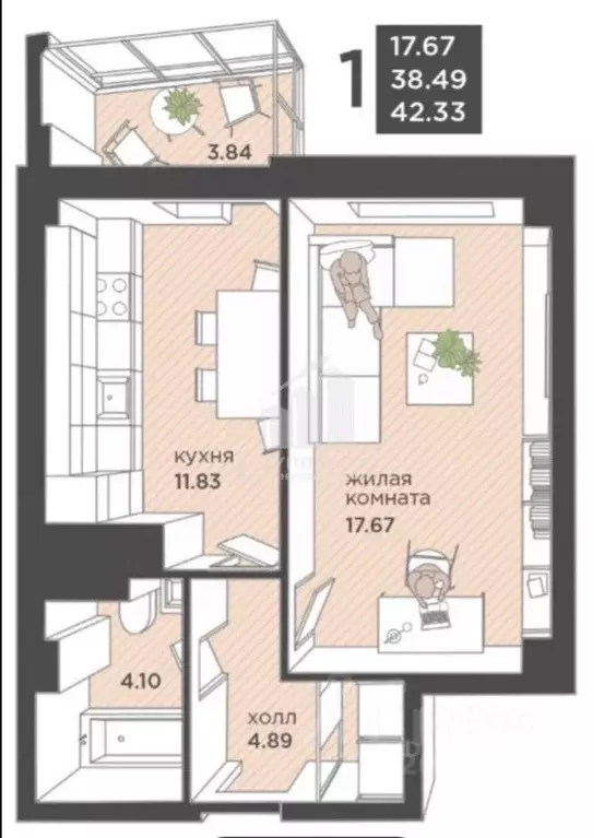 1-к кв. Калининградская область, Калининград ул. Гайдара, 90 (42.5 м) - Фото 1