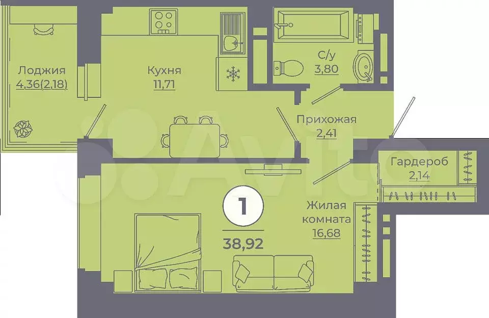1-к. квартира, 39 м, 14/24 эт. - Фото 1