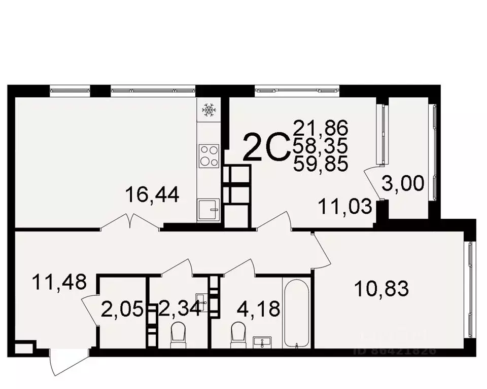 2-к кв. Тульская область, Тула  (59.85 м) - Фото 0