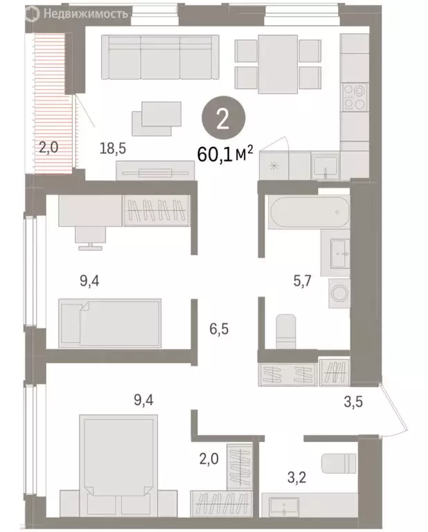 2-комнатная квартира: Новосибирск, улица Аэропорт (60.06 м) - Фото 1