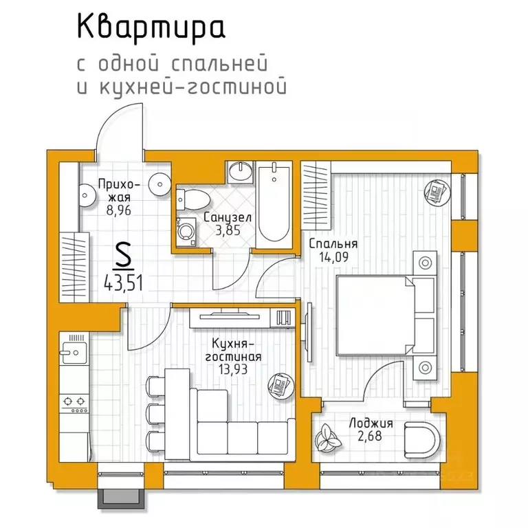 1-к кв. Тульская область, Тула  (43.51 м) - Фото 1