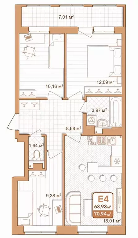 3-к. квартира, 70,9м, 4/9эт. - Фото 1