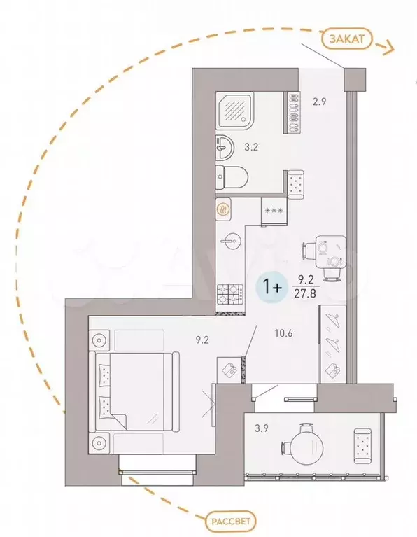Квартира-студия, 27,8 м, 2/9 эт. - Фото 0