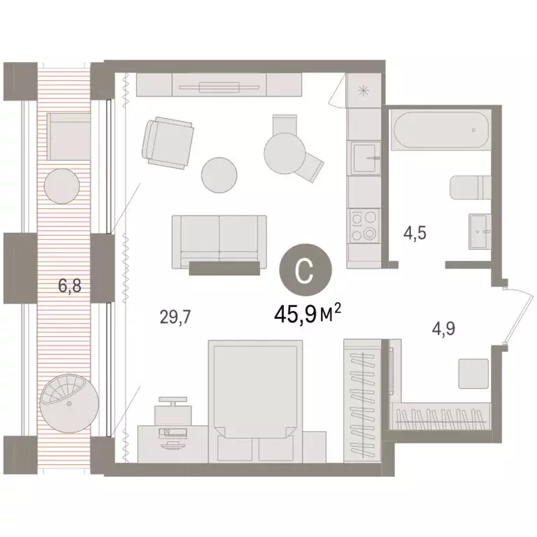 Квартира-студия: Тюмень, Краснооктябрьская улица, 4к3 (45.91 м) - Фото 1