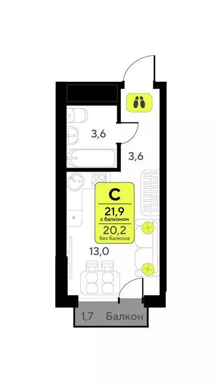 Квартира-студия: Тюмень, улица Первооткрывателей, 9 (21.9 м) - Фото 1
