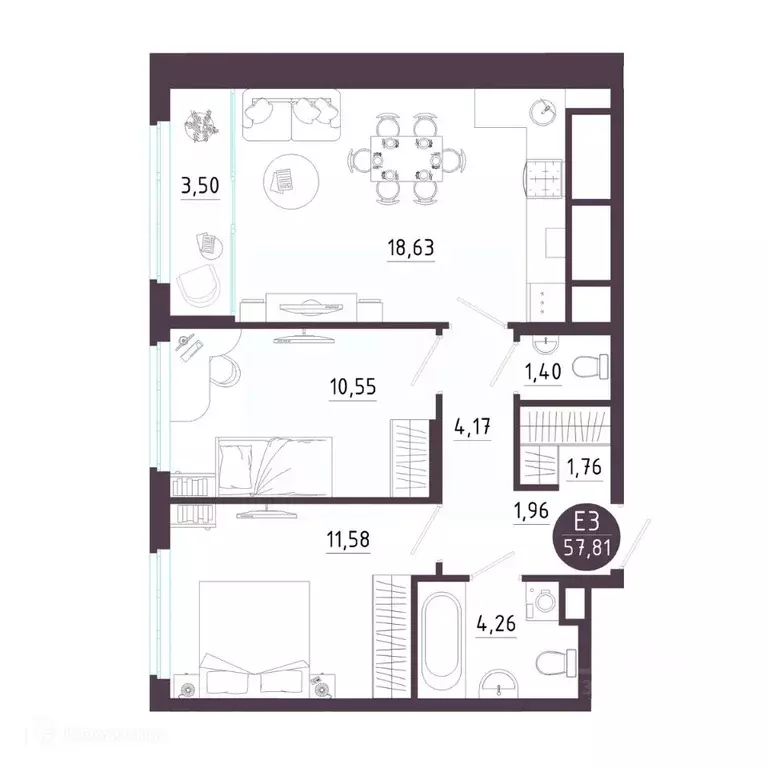2-к кв. Рязанская область, Рязань Московское ш. (57.81 м) - Фото 1