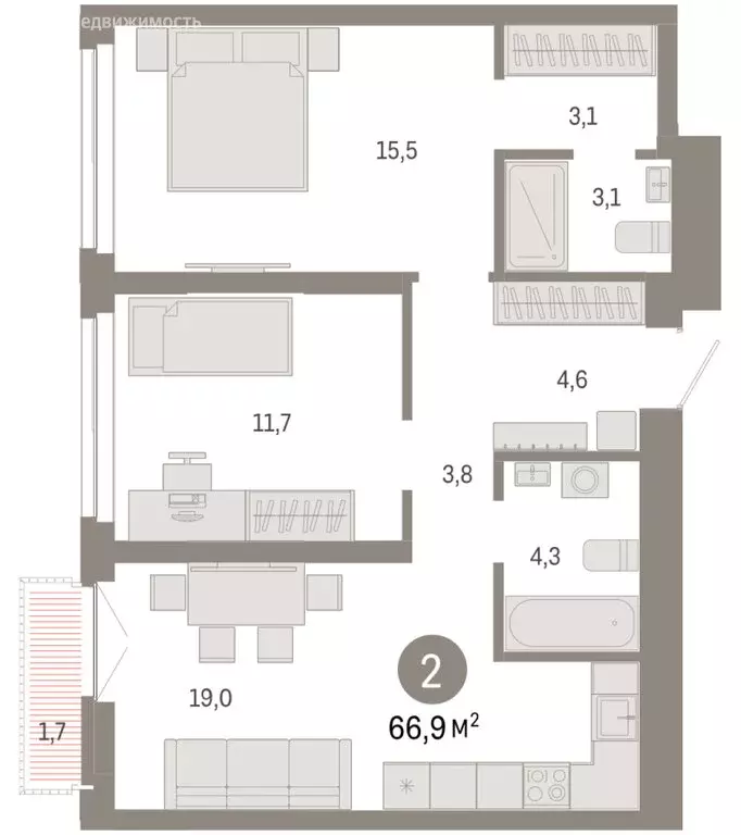 2-комнатная квартира: Новосибирск, Большевистская улица, 66 (66.87 м) - Фото 1
