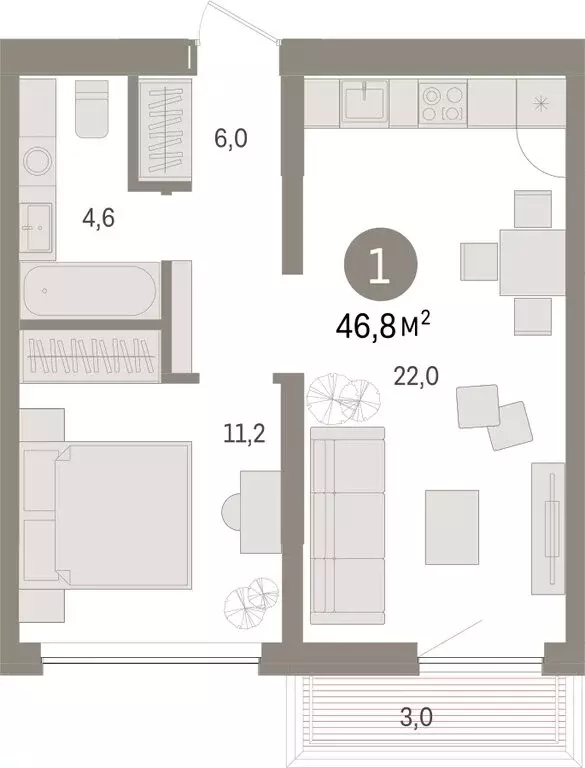 1-комнатная квартира: Тюмень, Мысовская улица, 26к1 (46.77 м) - Фото 1