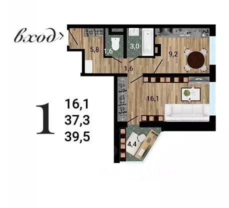 1-к кв. Воронежская область, Воронеж 8 Элемент жилой комплекс (39.83 ... - Фото 1