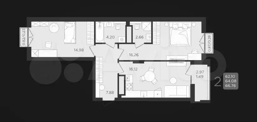 2-к. квартира, 64,5 м, 9/9 эт. - Фото 1