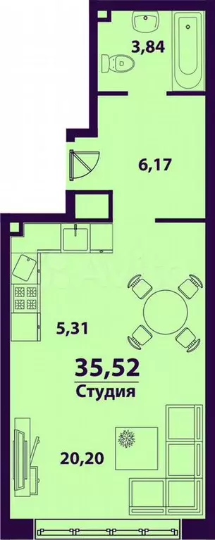 1-к. квартира, 35,5м, 23/24эт. - Фото 1