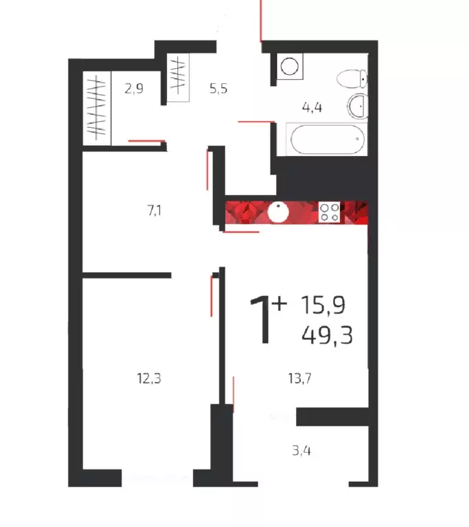 1-к квартира, 49.3 м - Фото 0