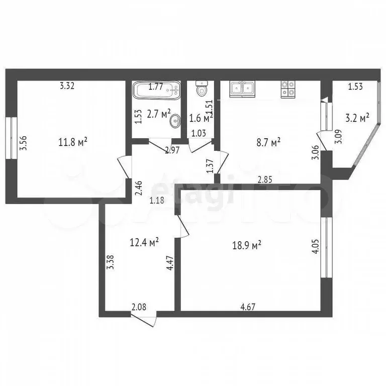2-к. квартира, 56,1 м, 8/9 эт. - Фото 0