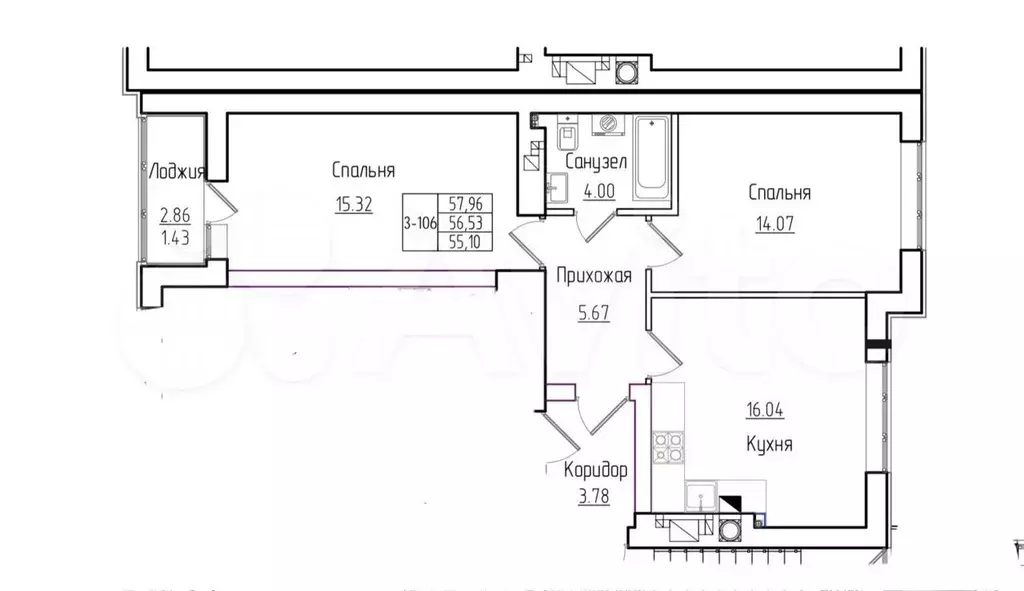 2-к. квартира, 58 м, 5/9 эт. - Фото 0