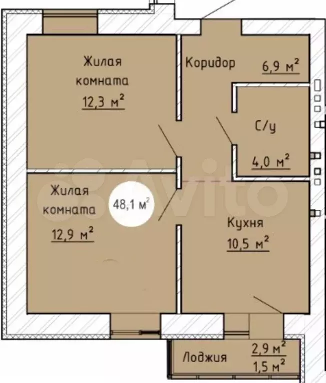 2-к. квартира, 48,1м, 4/9эт. - Фото 1