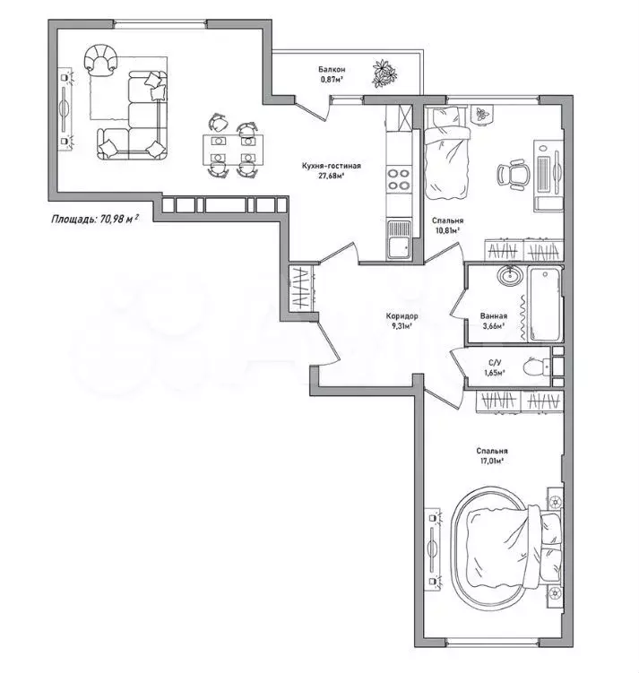 2-к. квартира, 70 м, 6/10 эт. - Фото 0