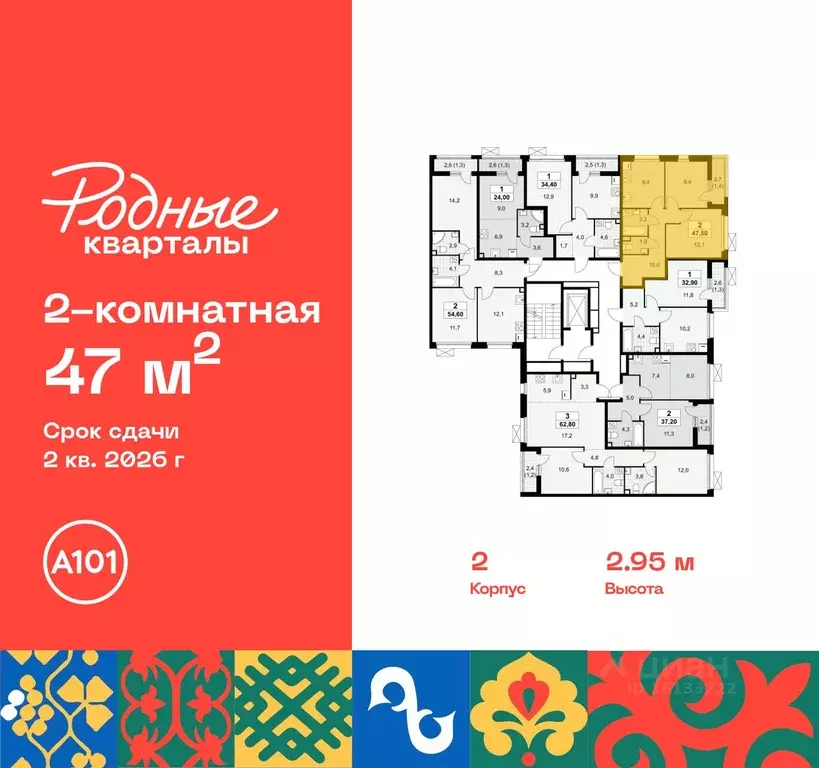 2-к кв. Москва Родные кварталы жилой комплекс, 2 (47.0 м) - Фото 1