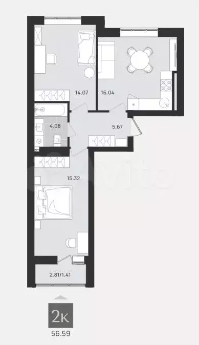 2-к. квартира, 56,6 м, 6/9 эт. - Фото 1