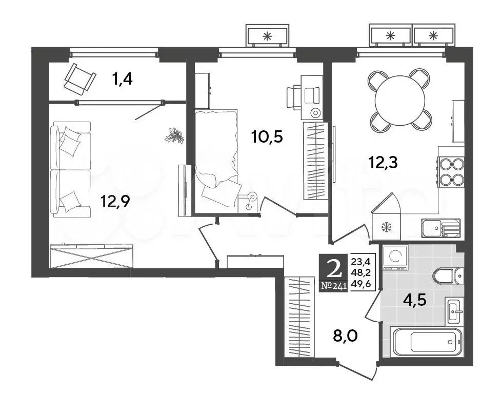 2-к. квартира, 49,6 м, 2/9 эт. - Фото 1