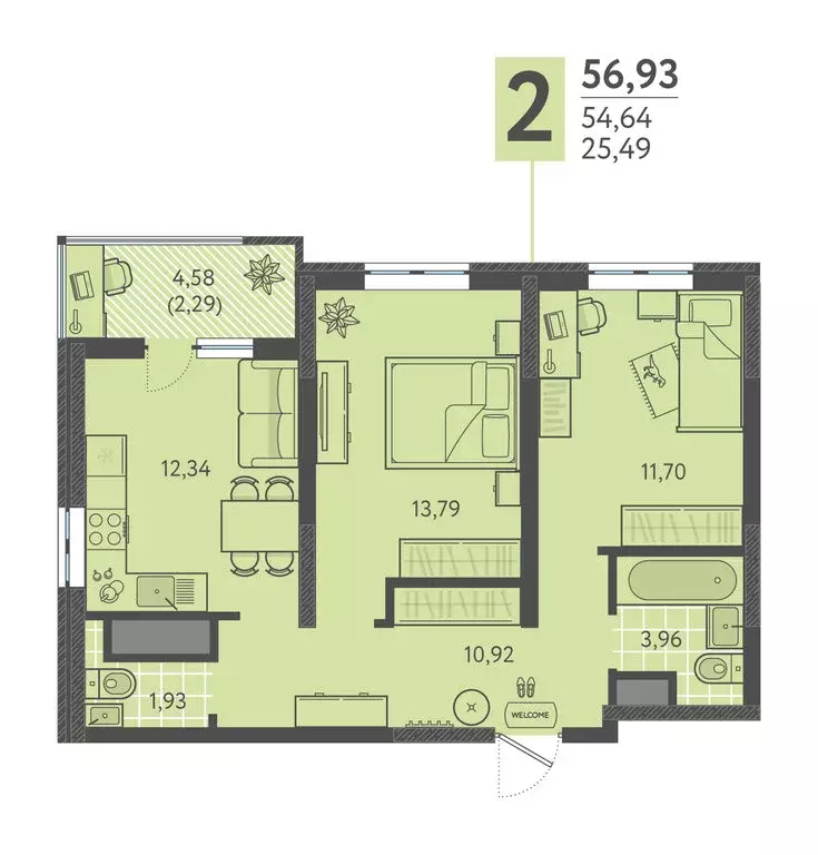 2-комнатная квартира: Краснодар, улица имени Леона Орбели, 9 (56.93 м) - Фото 1