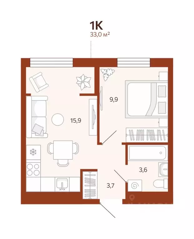 1-к кв. Тюменская область, Тюмень ул. Новаторов, 30 (33.0 м) - Фото 1