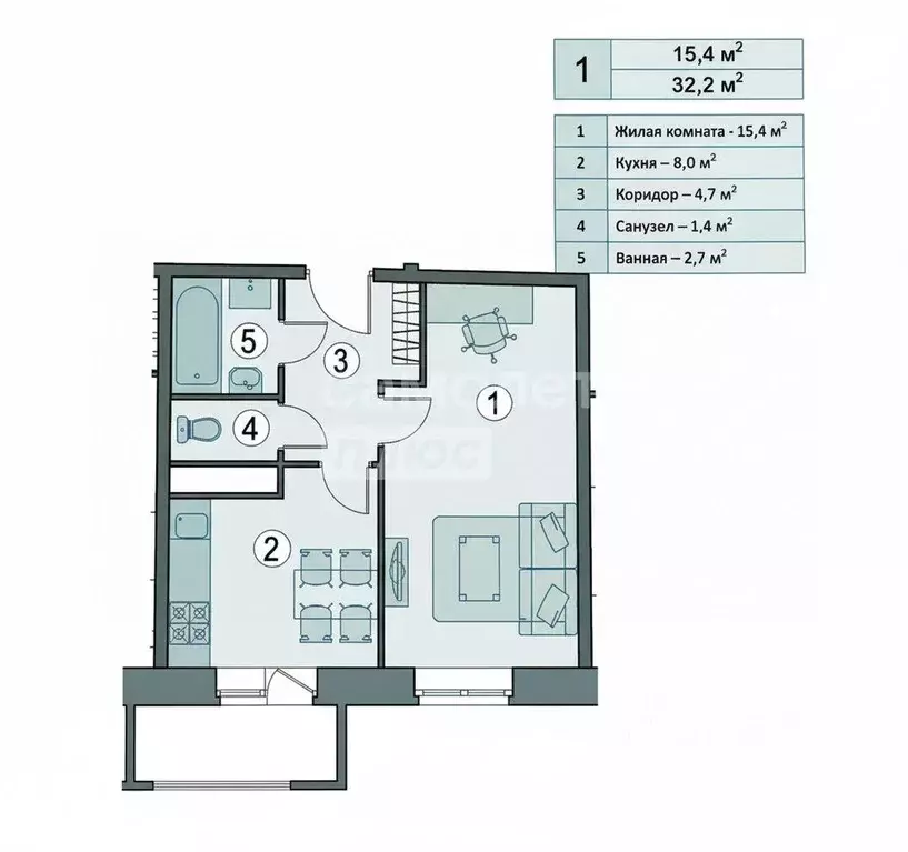 Квартира, 1 комната, 32.2 м - Фото 2